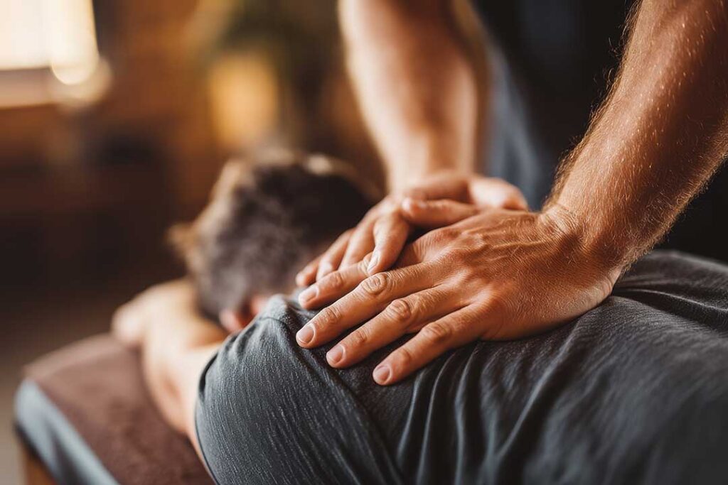 Chiropractor reviewing a patient’s health history before a movement examination in a bright clinic room.